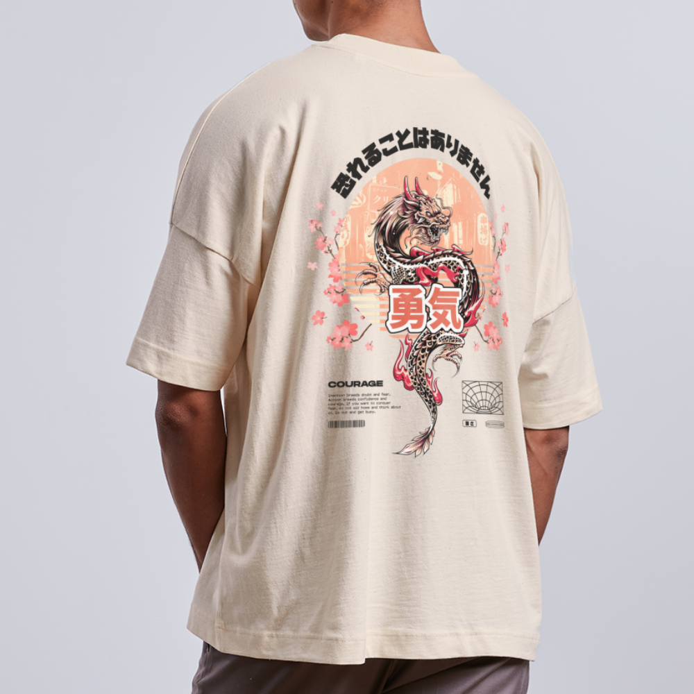 Oversized Japanese Back Print Light T-Shirt - natural raw