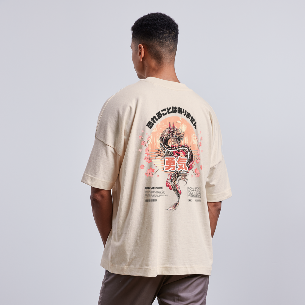 Oversized Japanese Back Print Light T-Shirt - natural raw